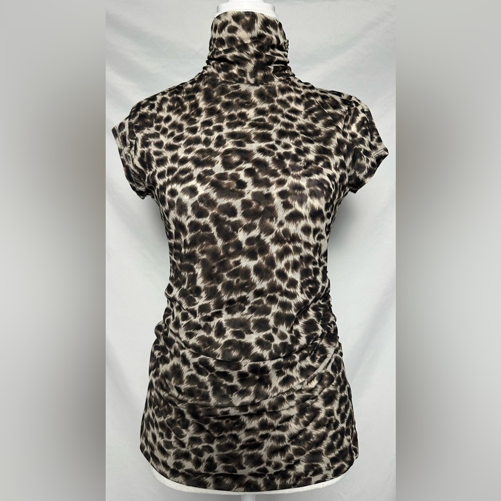 KENNETH‎ COLE Animal Print Mesh Ruched Turtle Neck Y2K Short Sleeve Size PM